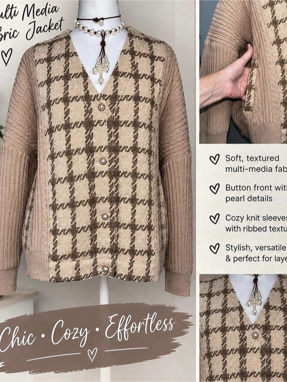 Umger Houndstooth Cardigan in Olive, Brown & Beige Size Medium